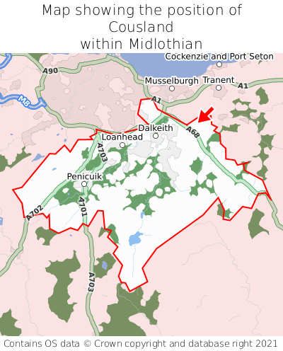Map showing location of Cousland within Midlothian