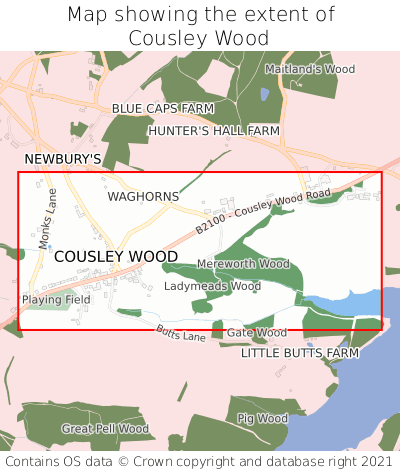 Map showing extent of Cousley Wood as bounding box
