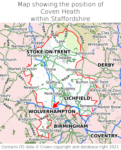 Map showing location of Coven Heath within Staffordshire