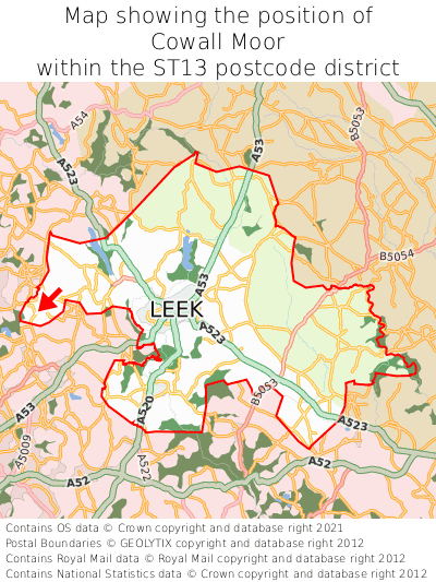 Map showing location of Cowall Moor within ST13