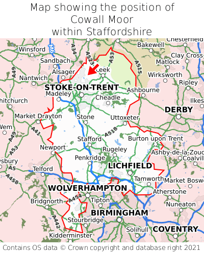 Map showing location of Cowall Moor within Staffordshire