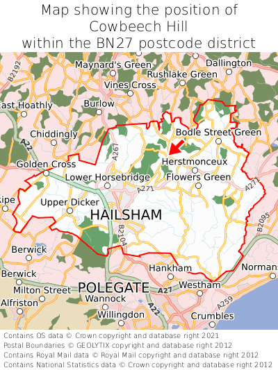 Map showing location of Cowbeech Hill within BN27