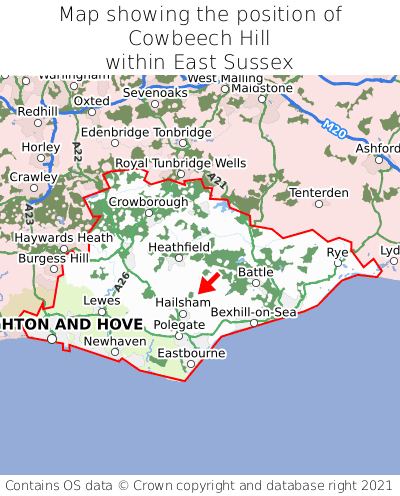 Map showing location of Cowbeech Hill within East Sussex