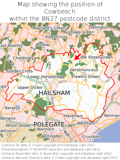 Map showing location of Cowbeech within BN27