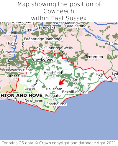 Map showing location of Cowbeech within East Sussex
