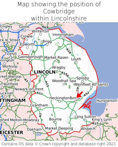 Map showing location of Cowbridge within Lincolnshire