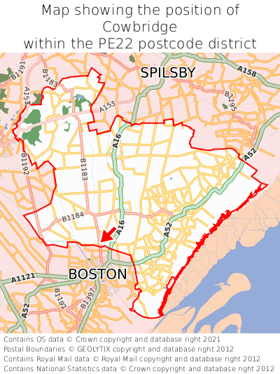 Map showing location of Cowbridge within PE22