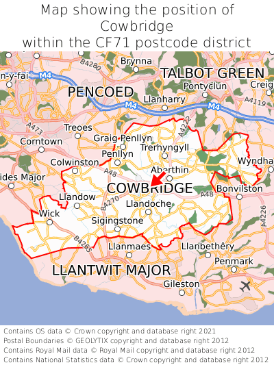 Map showing location of Cowbridge within CF71