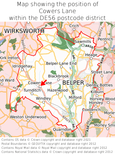 Map showing location of Cowers Lane within DE56