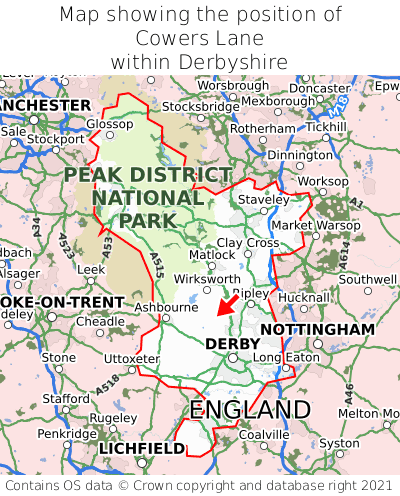 Map showing location of Cowers Lane within Derbyshire