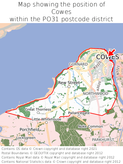 Map showing location of Cowes within PO31