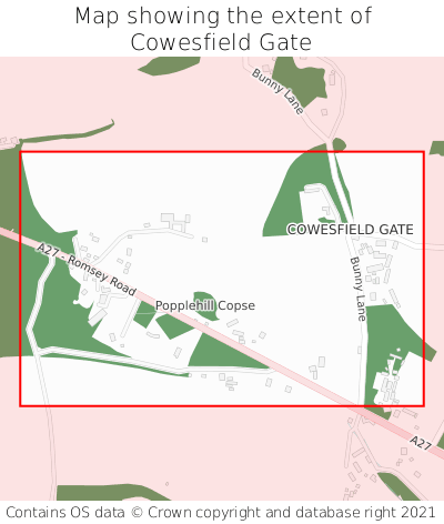Map showing extent of Cowesfield Gate as bounding box