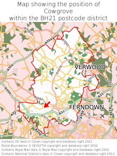 Map showing location of Cowgrove within BH21