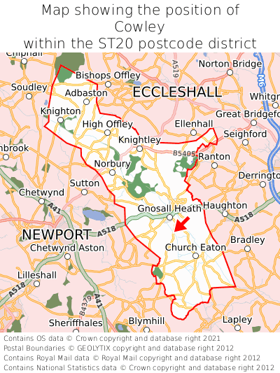 Map showing location of Cowley within ST20