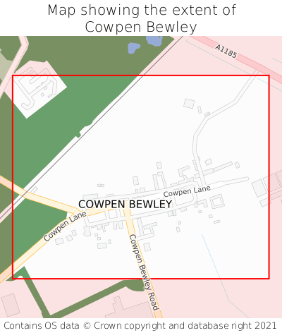 Map showing extent of Cowpen Bewley as bounding box