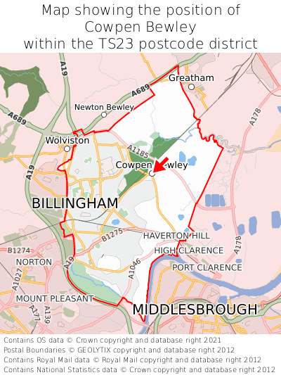 Map showing location of Cowpen Bewley within TS23