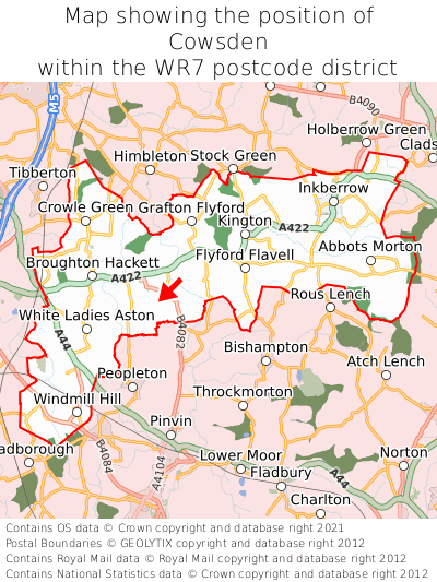 Map showing location of Cowsden within WR7