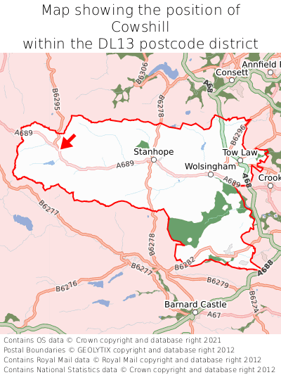 Map showing location of Cowshill within DL13