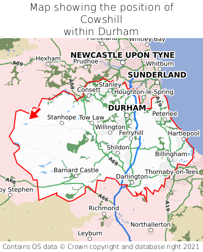 Map showing location of Cowshill within Durham