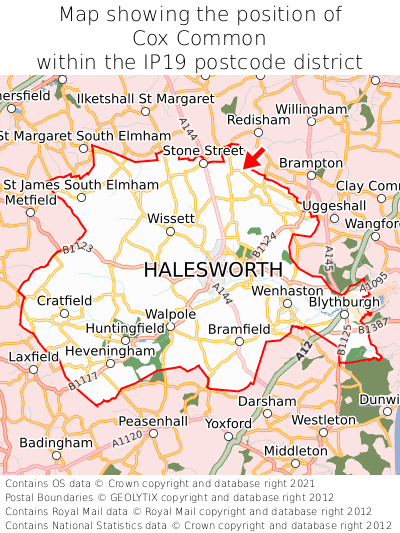 Map showing location of Cox Common within IP19
