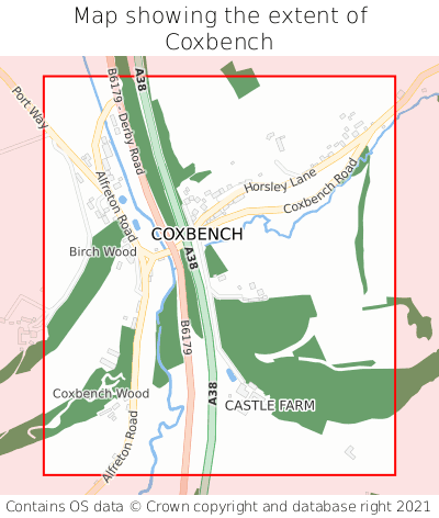 Map showing extent of Coxbench as bounding box
