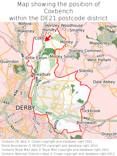 Map showing location of Coxbench within DE21