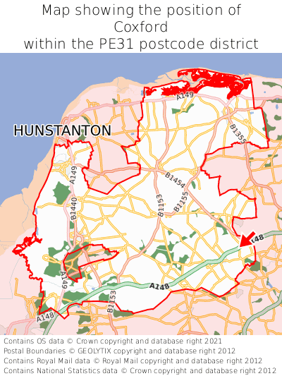 Map showing location of Coxford within PE31