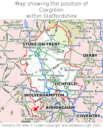 Map showing location of Coxgreen within Staffordshire
