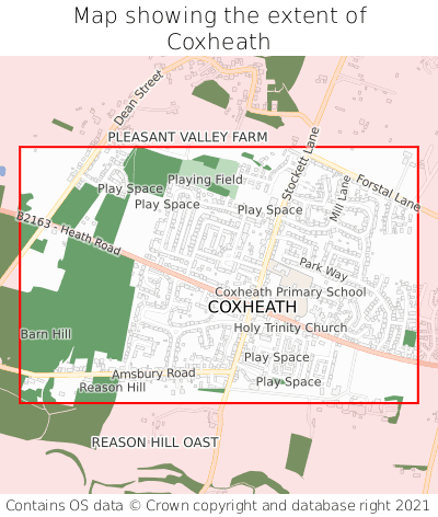Map showing extent of Coxheath as bounding box
