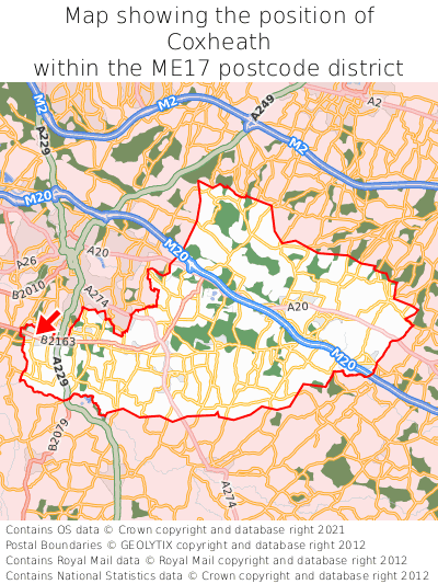 Map showing location of Coxheath within ME17