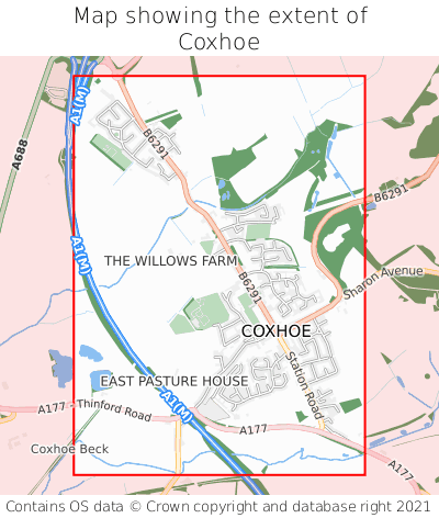 Map showing extent of Coxhoe as bounding box