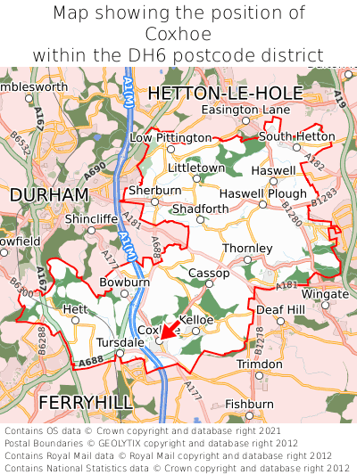 Map showing location of Coxhoe within DH6