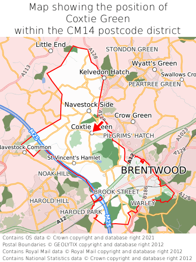 Map showing location of Coxtie Green within CM14