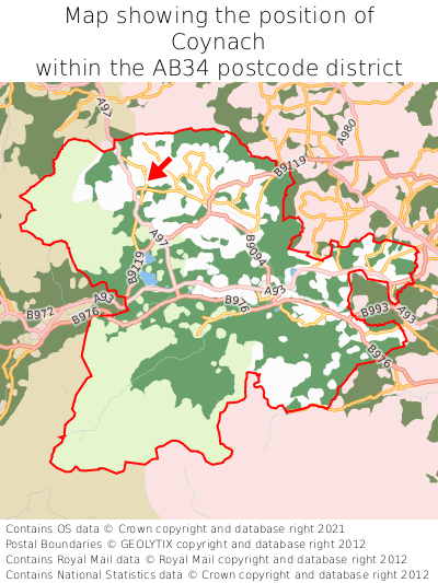 Map showing location of Coynach within AB34