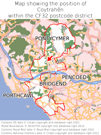 Map showing location of Coytrahên within CF32