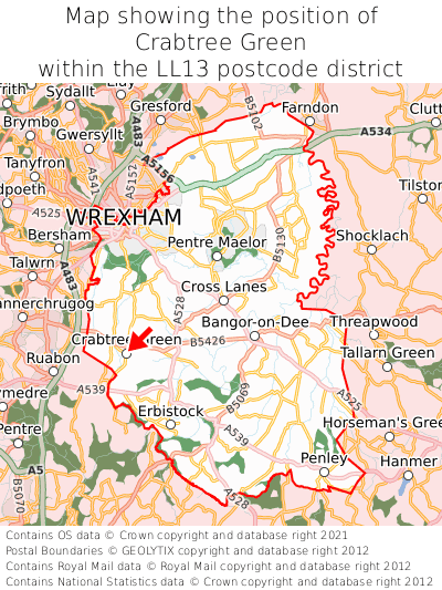 Map showing location of Crabtree Green within LL13