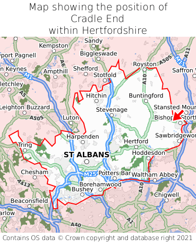 Map showing location of Cradle End within Hertfordshire