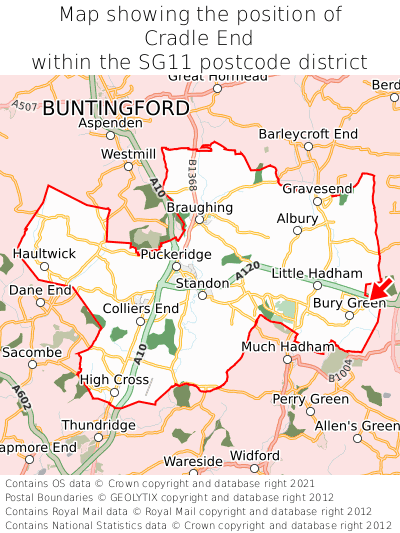 Map showing location of Cradle End within SG11