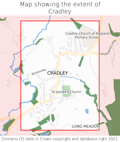 Map showing extent of Cradley as bounding box