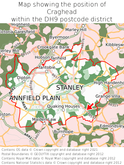 Map showing location of Craghead within DH9