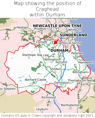 Map showing location of Craghead within Durham