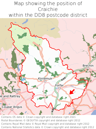 Map showing location of Craichie within DD8