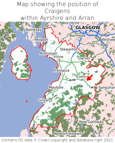 Map showing location of Craigens within Ayrshire and Arran