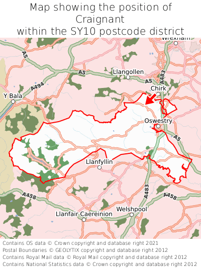 Map showing location of Craignant within SY10