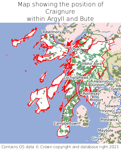Map showing location of Craignure within Argyll and Bute