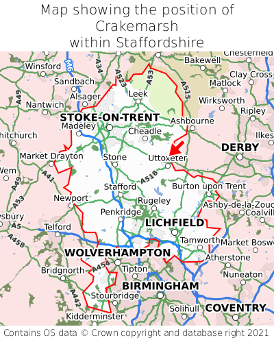 Map showing location of Crakemarsh within Staffordshire