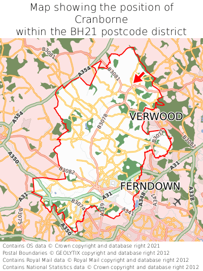 Map showing location of Cranborne within BH21