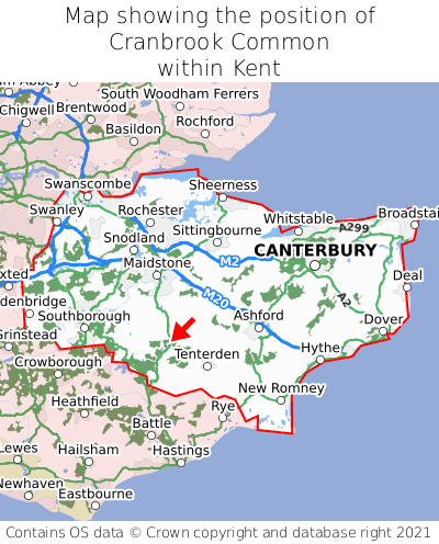Map showing location of Cranbrook Common within Kent