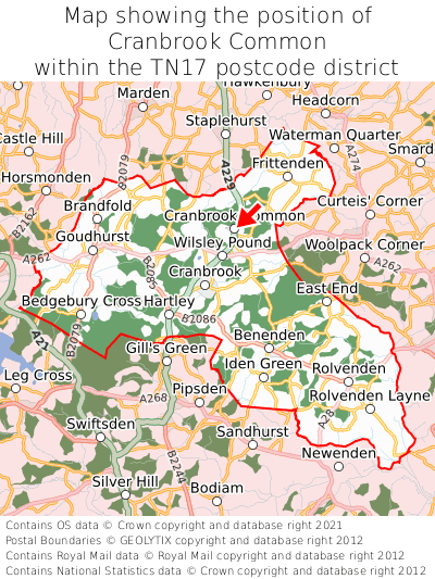 Map showing location of Cranbrook Common within TN17