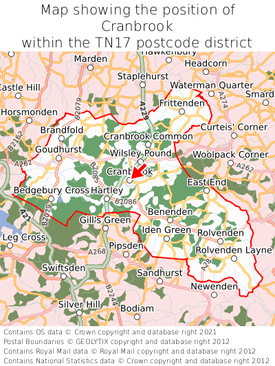 Map showing location of Cranbrook within TN17